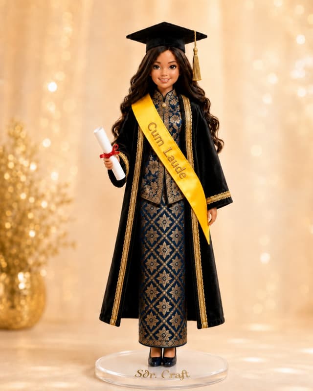 Boneka wisuda Sdr. Craft — tampilan non-hijab dengan toga dan batik biru emas