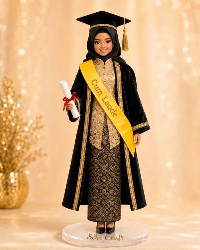 Boneka wisuda Sdr. Craft — tampilan berhijab dengan toga dan batik hitam emas