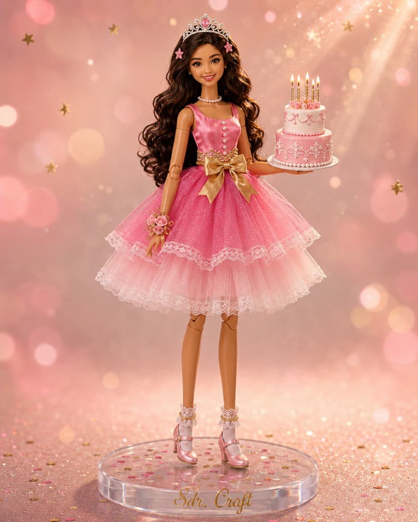 Boneka Saudari birthday Sdr. Craft — dress pink party dengan tiara, kue ulang tahun, dan base acrylic berlogo Sdr. Craft